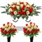 Large Artificial Cemetery Flowers for Grave,Headstone Flower Saddle 3Pcs Realistic Grave Memorial Flowers with Vase for Outdoor Tombstone Decorations (Red White)